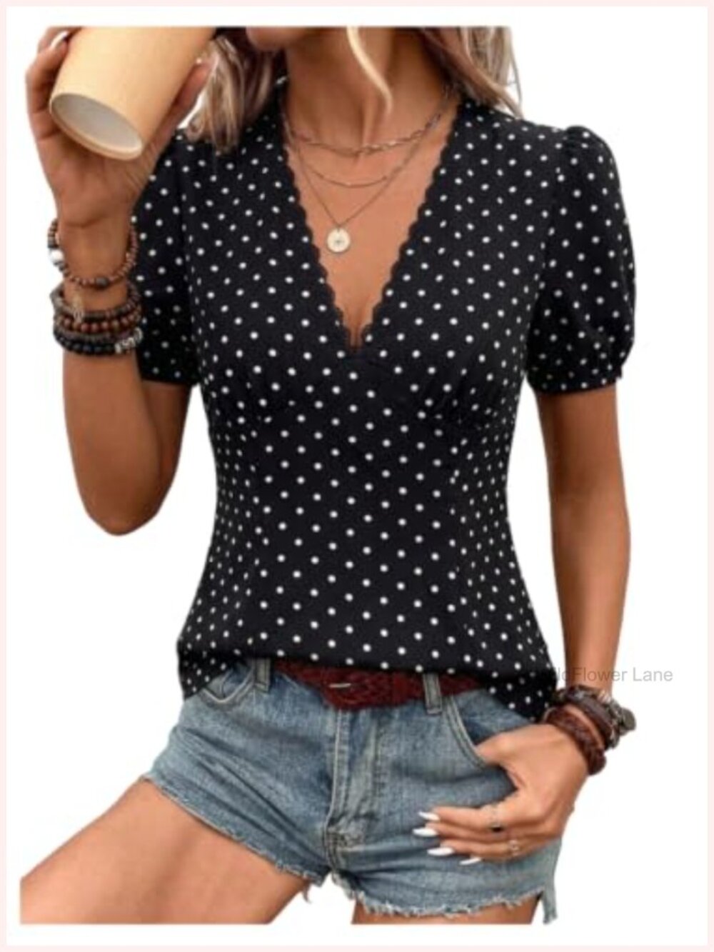 Floerns Polka Dots Blouse Short Sleeve Lace Trim V Neck Women's Top